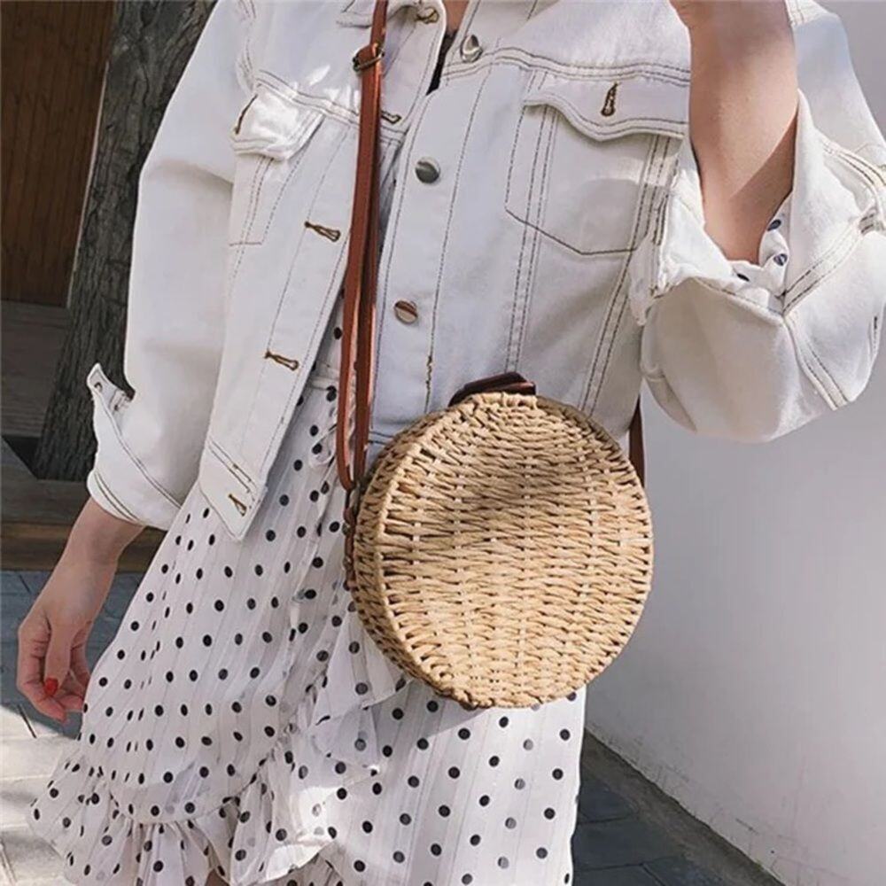 Round Woven Tan Straw Crossbody Bag